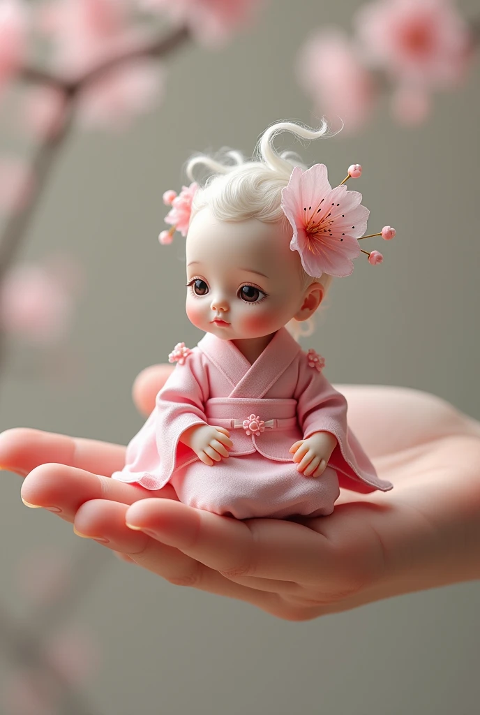 Create a miniature baby dressed as Sakura on top of a human hand.