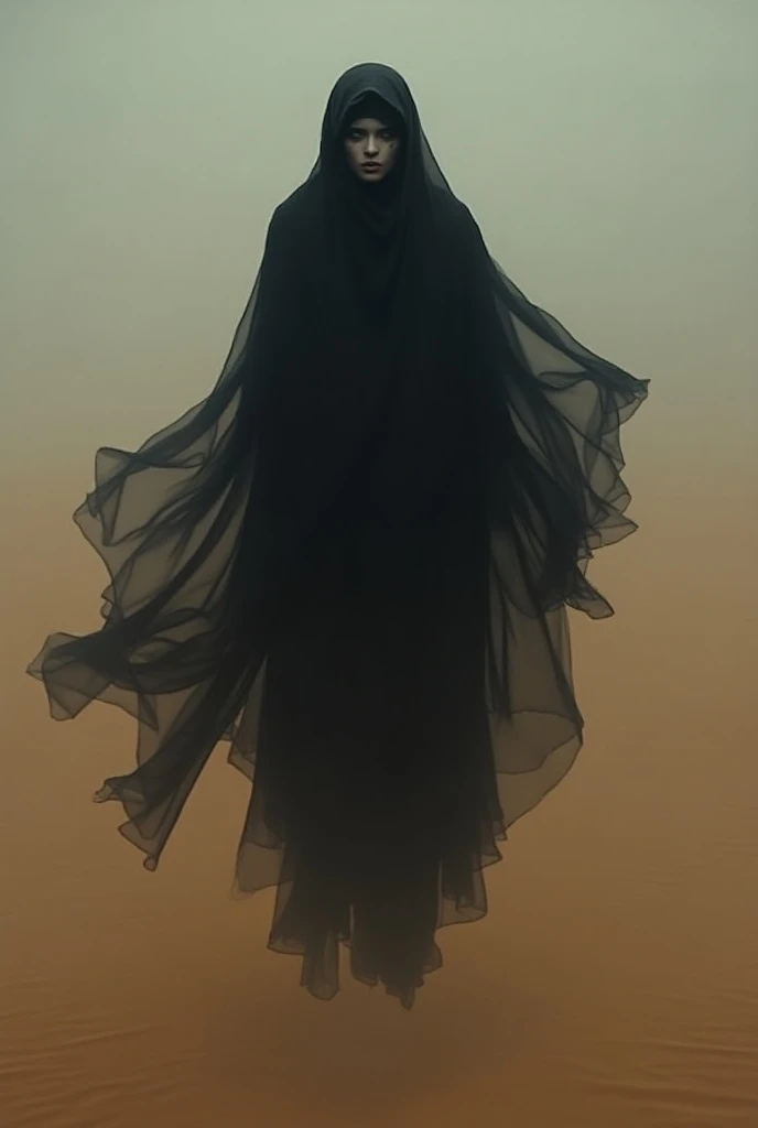 A mysterious figure wrapped in a black veil, floating above the sand with piercing, sad eyes reflecting deep pain."
