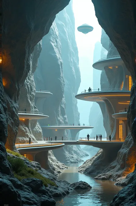 Nestled within the cave’s natural beauty are sleek, futuristic structures that rise from the ground and blend seamlessly with the rocky environment. Transparent, curved walls and glowing panels give the buildings a high-tech yet organic look. Elevated path...