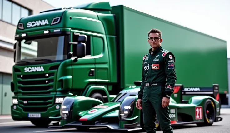 WEC driver with spectacles standing by his Dark green racing car,  dark green WEC SCANIA semi truck