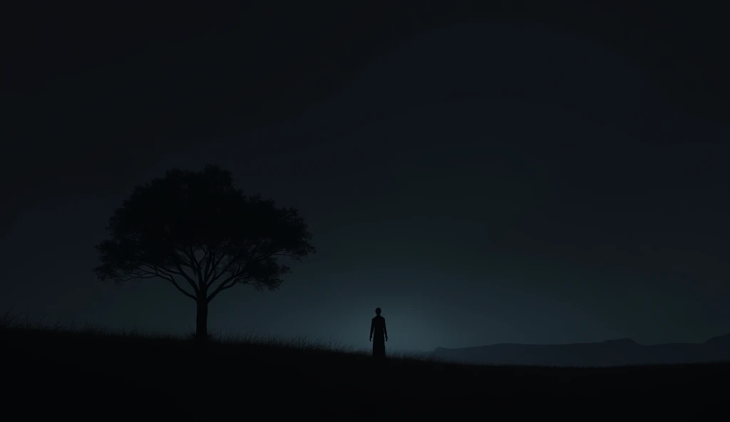 image :  A scene of absolute silence .  The completely dark background ,  with only the silhouette of Jairus standing ,  looking towards the tree ,  but the focus is on the surrounding darkness and emptiness, without a visible sound .