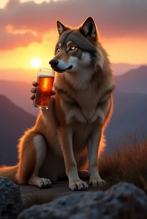 Wolf drinks a beer and enjoys the sunset 