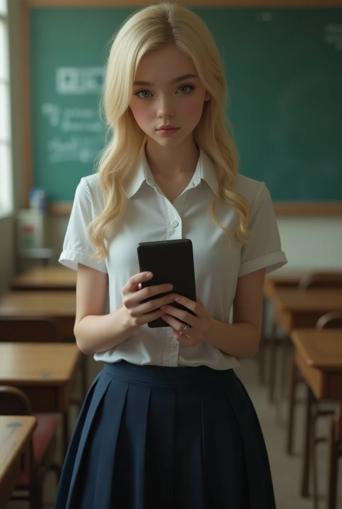 Blonde busty schoolgirl holding a 