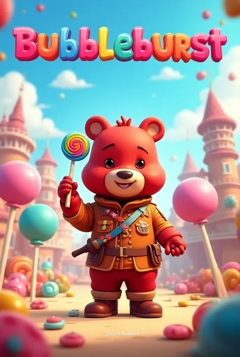 "A Disney Pixar-style game poster for Bubbleburst, featuring a cute red bear character as the main hero. The bear is in a colorful, candy-filled world, wearing a whimsical military uniform with candy accents, holding a magical rainbow lollipop and a small ...