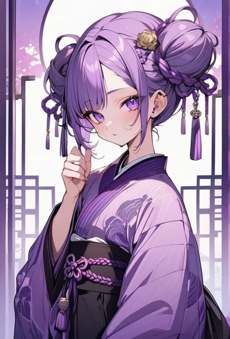 An aesthetic nightmare
purple hair,  bun hair,  kimono