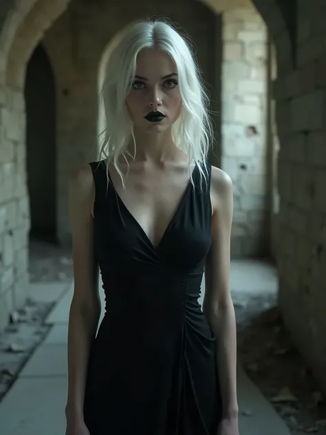 A beautiful woman about twenty-five years old, she has brown eyes, her eyes are lined with a black line, her mouth is painted black, she has beautiful white skin, her hairstyle is white hair, she is dressed in a black gothic dress, she is standing in an ol...