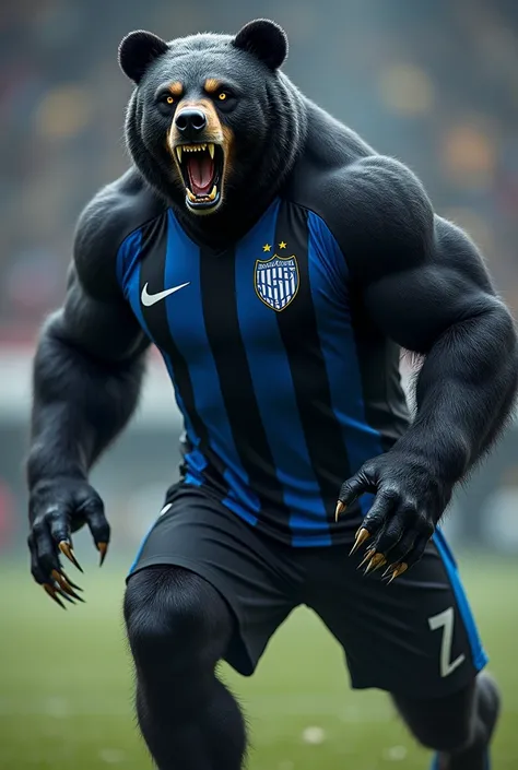 Mascot version soccer ,  angry and strong bear with black uniform with vertical blue stripes