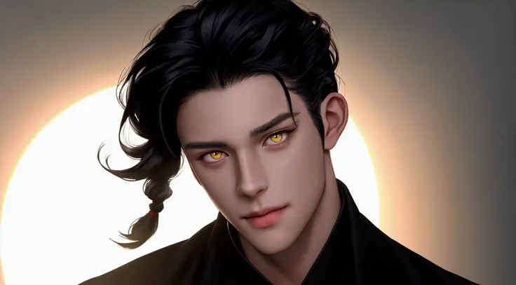 portrait of a handsome 28-year-old man , ( masterpiece :1.3), (8K,  photorealistic , RAW Photo,  The best quality: 1.4), (1 man), Black haired boy smiling. Punk clothing (red and black)  Yellow Eyes , long hair updo, handsome boy uzzang ,  hyperrealistic p...