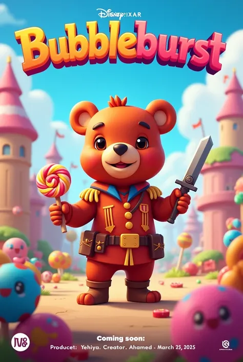 "A Disney Pixar-style game poster for Bubbleburst, featuring a cute red bear character as the main hero. The bear is in a colorful, candy-filled world, wearing a whimsical military uniform with candy accents, holding a magical rainbow lollipop and a small ...