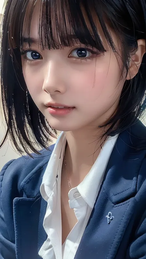 ((masterpiece, Best Quality,  Hi-Res,  Ultra High Definition)),  Japanese High School Girls、(Realistic:1.4)、excited、Great face、Pointed Mouth、 close your mouth、 wet lips、Age 15,  short hair,(Beautiful Hair:1.5),  high school uniform 、(Navy Blue Blazer, clea...