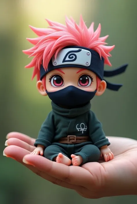 Create a miniature baby dressed as Kakashi with pink hair on top of a human hand.