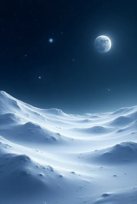 An image of a landscape of the moon with large stars and small passes on the right side is at night that they pass through hills and snow falls