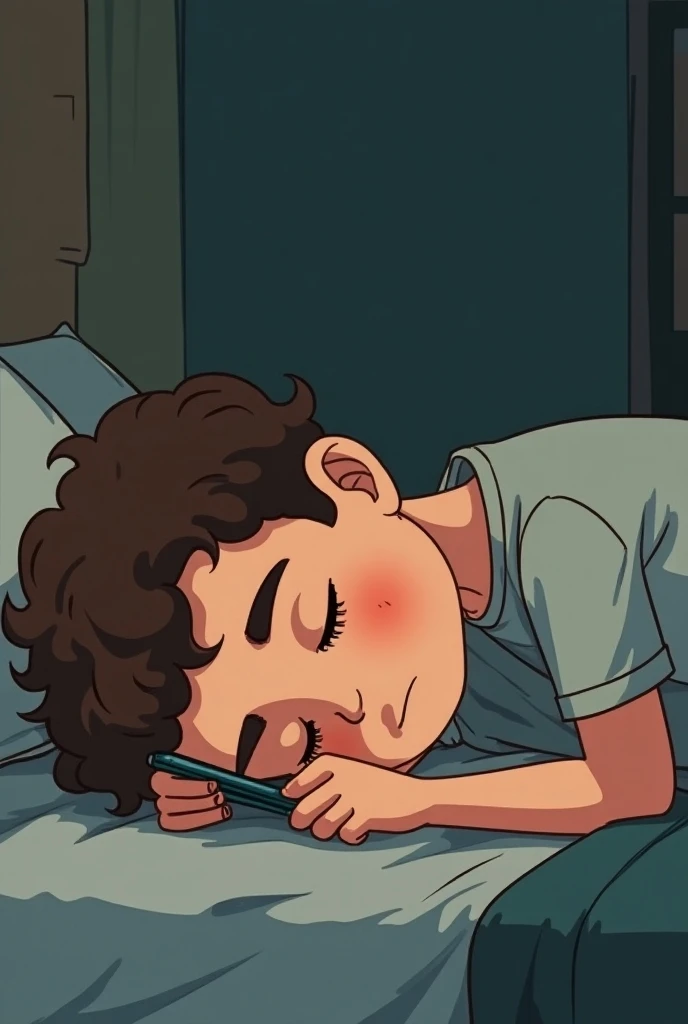 a brown-eyed man with brunette curly hair.  falls asleep very sadly while talking on the phone with her night lover.  do it in the style of a cartoon with a sweet round head.