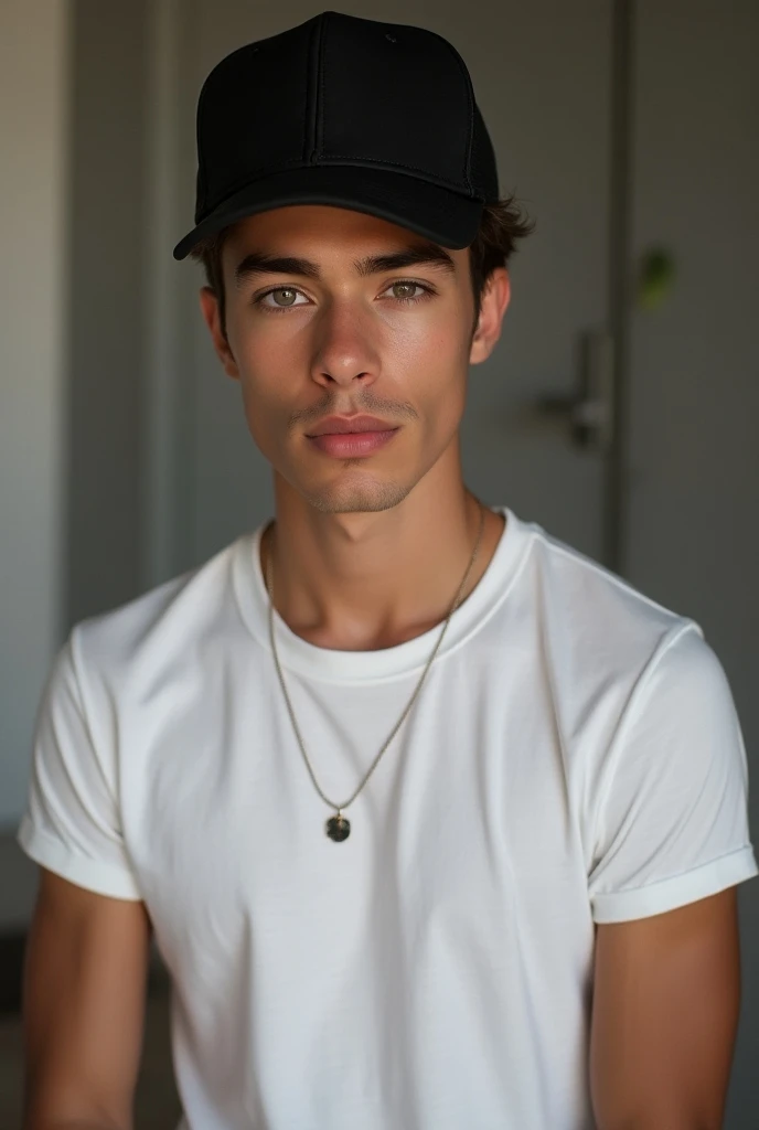 A very handsome and charming young man, 23 years old, with perfect fair skin and very handsome features. He exuded a cool and charming aura, wearing a white short-sleeved t-shirt and a black trucker hat. He had an extremely handsome and charming appearance...