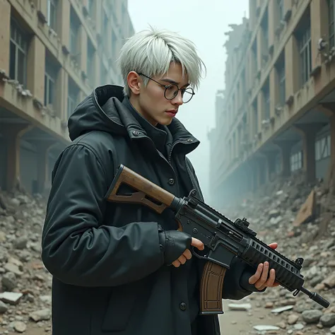 Young guy with white hair , with round glasses , in a black coat, against the backdrop of a ruined city, post-apocalypse, with a machine gun in his hands, Drawing