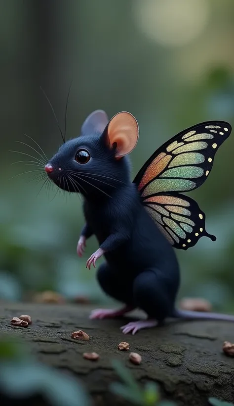 Imagine a fascinating hybrid creature, a unique blend of a sleek, jet-black mouse and an elegant butterfly. Its body is that of a small, nimble rodent, covered in smooth, midnight-black fur, with tiny, twitching whiskers and bright, curious eyes. However, ...