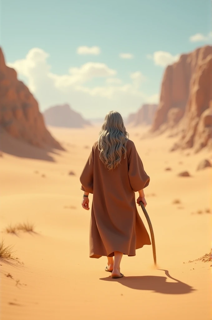 3D animation image of the prophet Moses with long white mixed black hair that reaches his shoulders slightly wavy from a distance walking in the vast desert alone wearing a brown robe and a curved wooden staff on top