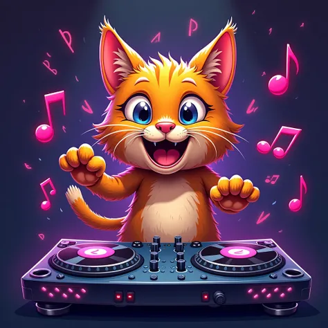 Cat on a DJ Deck, musical notes, colourful, crazy, animated