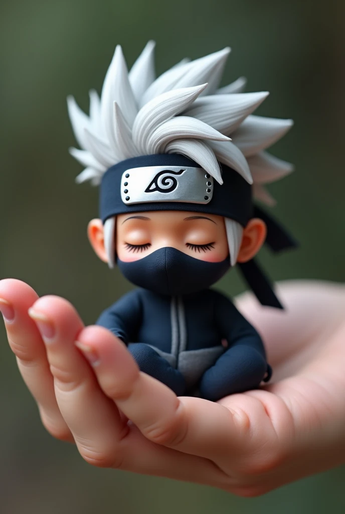 Create a miniature baby dressed as Kakashi with silver hair on top of a human hand.