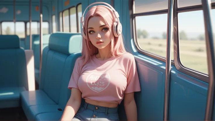  Beautiful, hot woman alone, wearing a pink T-shirt, small waist, large breasts, upper half view ,Look at the audience , Listening to music, white headphones, atmosphere of sitting in a bus 