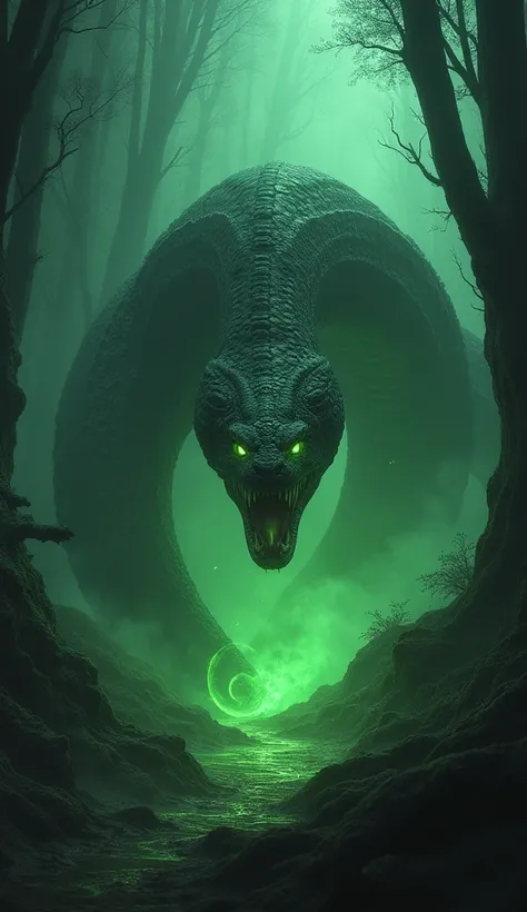 A powerful, mystical snake with glowing green eyes prowling through a dark, misty forest. The snake is large, with a muscular build and an intense, predatory expression. The forest is dense with tall, shadowy trees, creating an eerie and haunting atmospher...