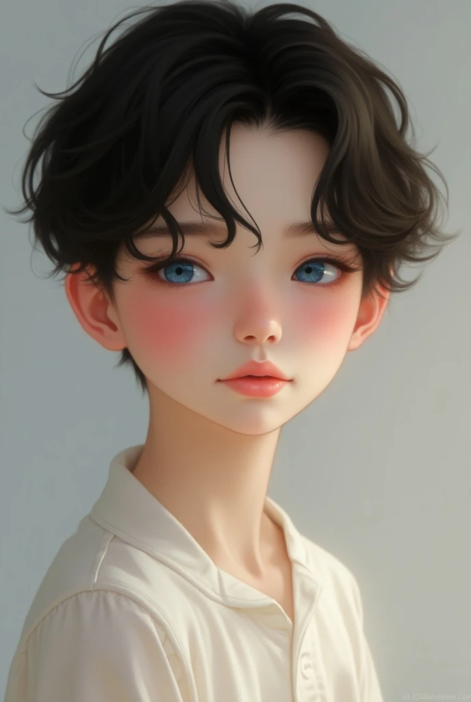 Boy with dark brown hair, blue eyes, white skin, slightly pink cheeks, an innocent and slightly effeminate look that does not damage his masculine face.