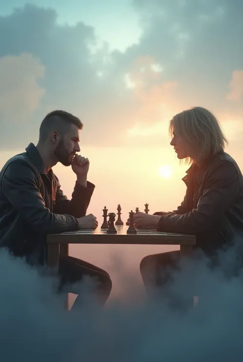 Hyperdetailed, photorealistic, surreal setting of Chester Bennington and Kurt Cobain, depicted as they appeared at the time of their passing, playing chess at a table amidst ethereal clouds in heaven. The scene exudes a peaceful, calm atmosphere, with soft...