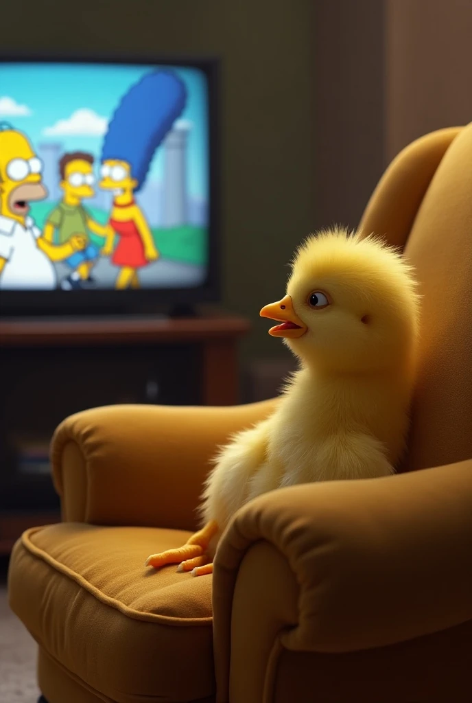 A chick sitting in his armchair watching The Simpsons television 