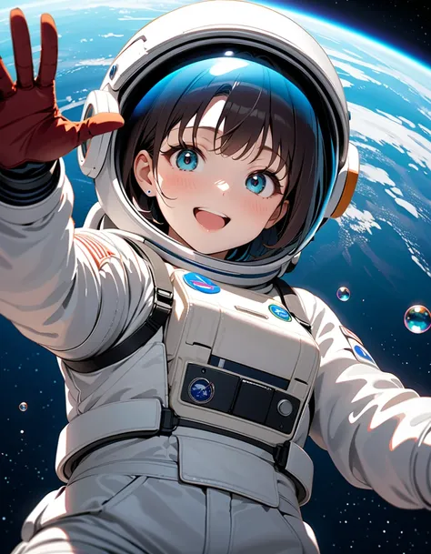 (spacesuit:1.15), white cargo pants, astronaut)bubble helmet, space helmet, gloves , , looking close at you, outer space, floati...