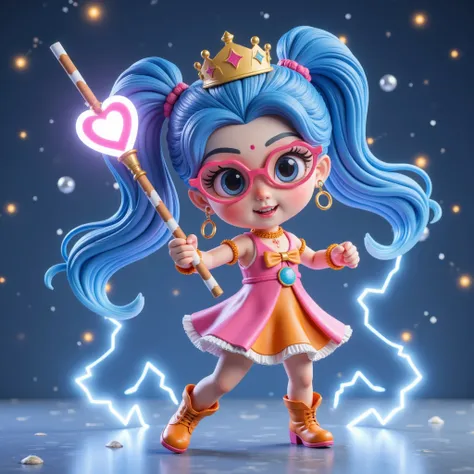 1 Girl,  alone,  Lightning energy  ，Electricity Elements，Twin ponytails， wearing a crown ， wearing heart-shaped glasses ， blue highlight lightning ， wearing a bright pink and orange dress，High heel boots， ， starry sky background ，Galactic battleship，Fighti...