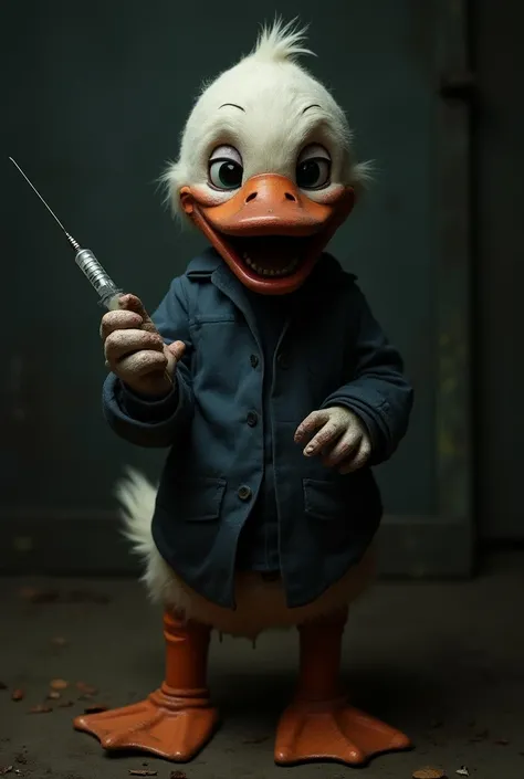 Donald duck wearing a saw mask billy puppet and wearing a Michael Myers (Halloween) costume and holding a Syringe