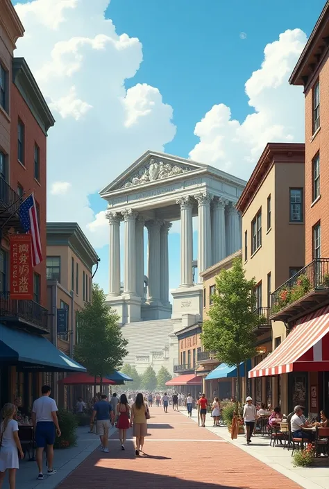  Full image of an American-style town with large buildings as well as small clothing stores or restaurants . At the entrance to the town there is a large square arch in Greek style showing a flag of the United States  ,  there is a large old library in the...