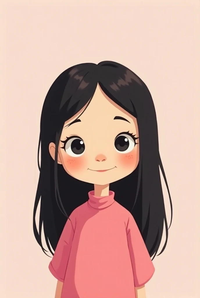 Disney poster of a simple girl with long straight black hair with a few freckles in a pink outfit round face small round eyes 