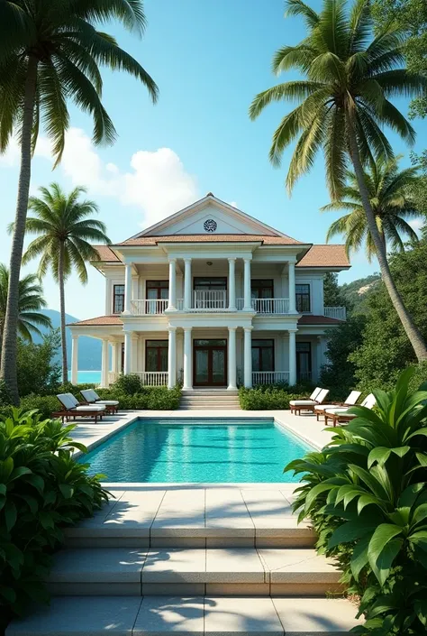 Create image of beautiful house in beautiful island...16:9 size 