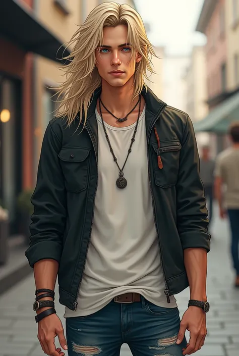 llustrate a striking young man with long, tainted blonde hair and piercing blue eyes. His hair cascades down his back, with strands gently moving in the breeze, adding to his mysterious allure. His eyes, a vivid shade of blue, are filled with a mixture of ...