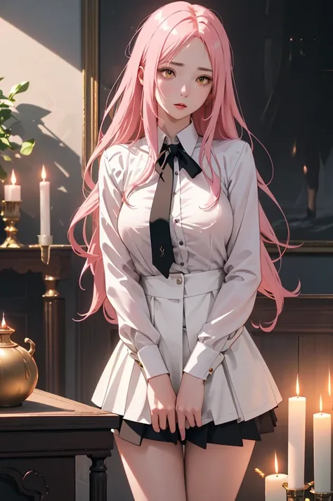  1 girl, Long pink hair,  yellow eyes、White collar shirt,  black tie,  miniskirt、 very beautiful big thighs 、 Beautiful and Fantastic Interior　Dim lighting、candle、Occult World 、Arrangement of small items for torture equipment 、nsfw　 A terribly grotesque tr...