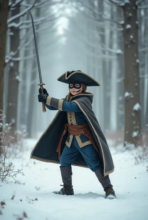 A boy in a Musketeer costume and a theatrical smiling mask with a sword in his right hand. He stands in an attacking position in a snowy forest