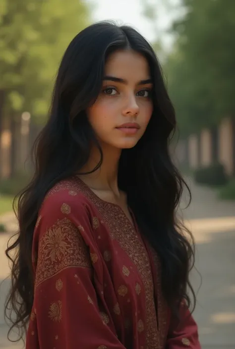 Fair skinned pakistani girl with black long hair, in traditional outfit shalwar kameez in an art university. Make it look more natural. Not too close up. Side profile. she should not be looking in the camera