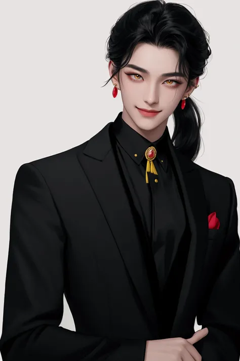 Black haired boy smiling. elegant clothes (red and black)  Yellow Eyes , long hair updo,  handsome boy Uzzang at a rock concert,  hyperrealistic photo ,  mens,  very short hair , androgynous princely arafed, Yellow Eyes, long low ponytail, 23-year-old boy ...