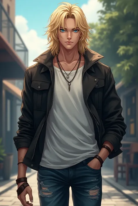 llustrate a striking young man with long, tainted blonde hair and piercing blue eyes. His hair cascades down his back, with strands gently moving in the breeze, adding to his mysterious allure. His eyes, a vivid shade of blue, are filled with a mixture of ...