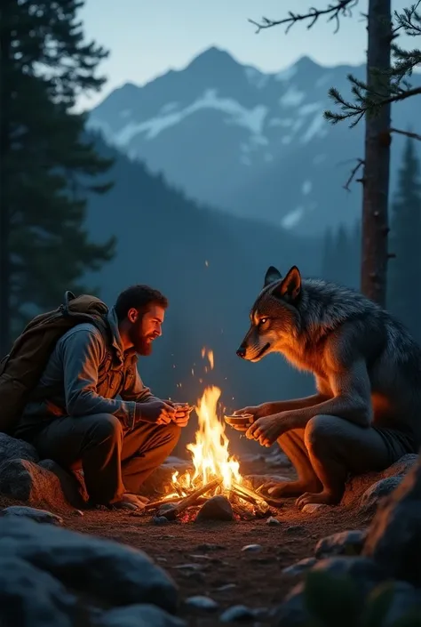 Mountaineer and werewolf eating inside a bonfire