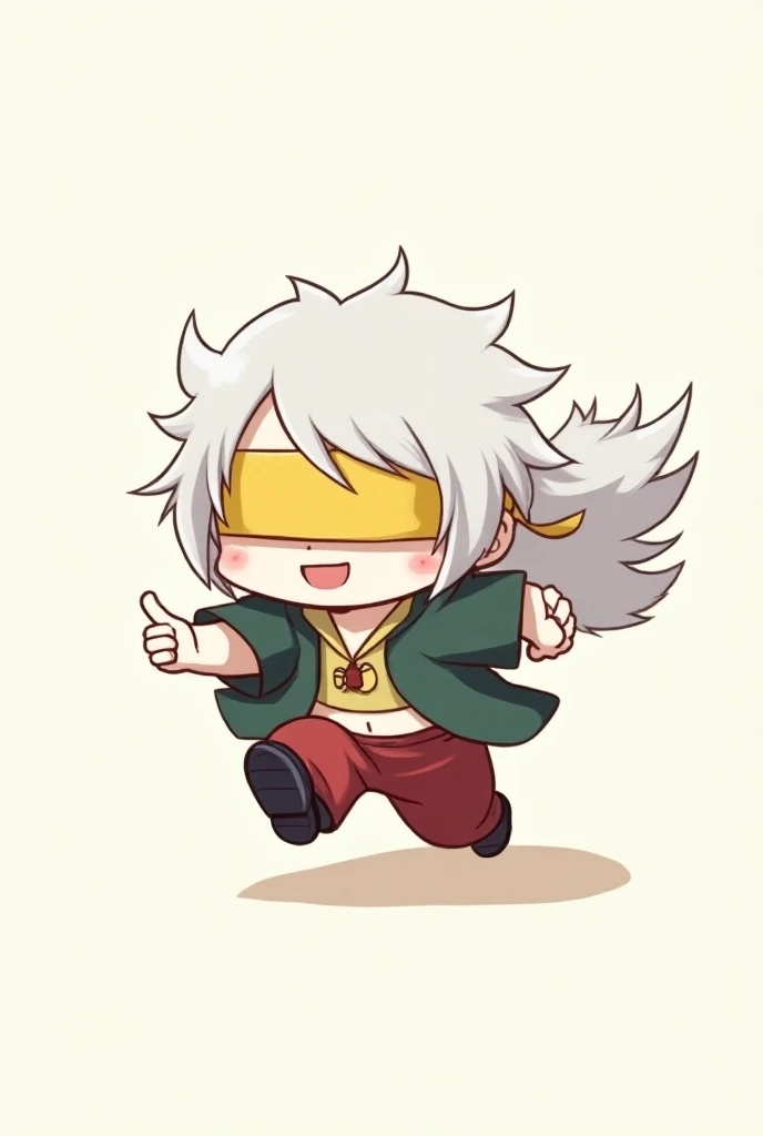 A gojo chibi with his bandana over his eyes running towards the camera