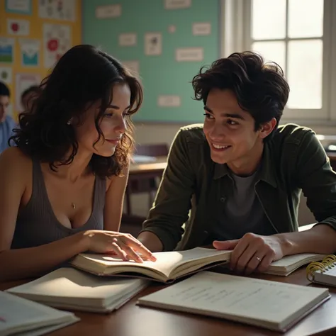  Percy Jackson and Zoë Nightshade are sitting side by side in a classroom ,  working as a duo for a biology project . Percy, with an animated expression,  points to the marine biology book between them ,  explaining something with enthusiasm . Zoë observes...