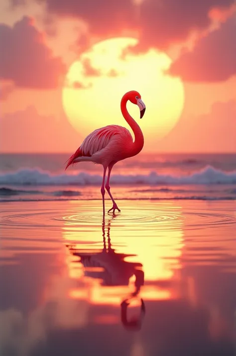 Flamingo standing in the sea at sunset 