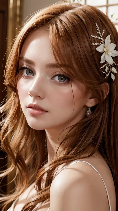 Top quality masterpiece of a photo shoot where a beautiful redheaded girl has brown eyes and long hair 、 wears a wedding dress in an elegant room、 face close-up 