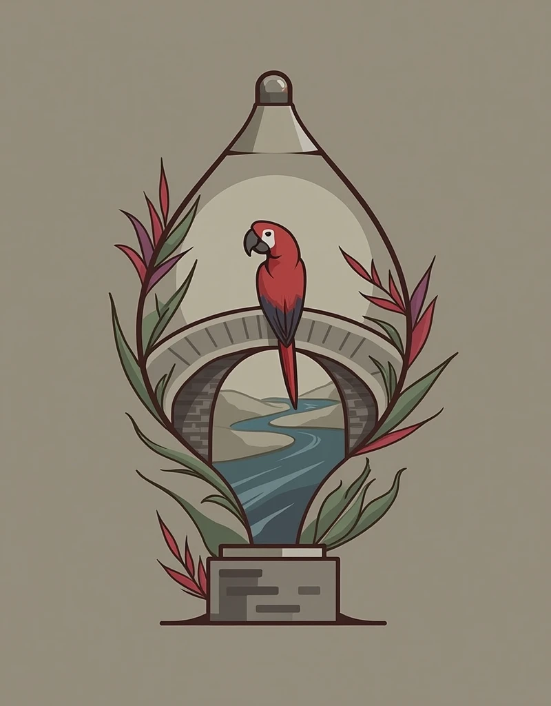 minimalist logo for a brand, the set of drawings forms a lamp, on the right of the lamp there is a red macaw, in the center of the lamp there is a bridge with a river below, there are some green leaves, and everything connects having the shape of a lamp.