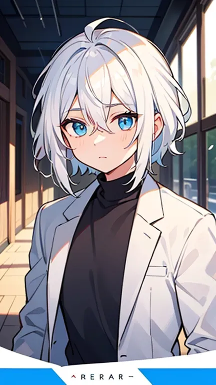 (( A man with white hair and blue eyes)),((Im wearing something like a white college student. )),bangs, Head between eyes 