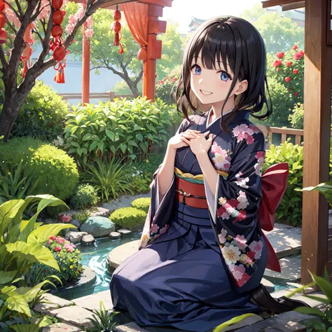 Black Hair、Wearing a kimono、Kachofuzukis kimono 、With a big grin、Put your hands on your chest、Hiding the chest、Have fun from the bottom of your heart 、 like a Japanese doll、 one girl playing pranks、garden