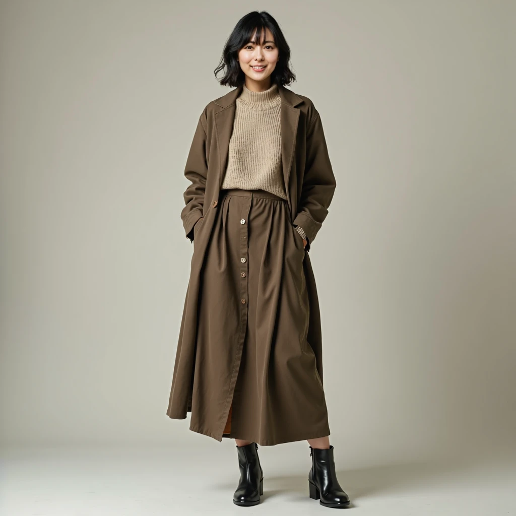 (photorealism:1.5)japanese beautiful lady, 30 years old,medium cut,Full body,She wears coat over knit and long skirt and wearing short boots,Beautiful legs can be seen through the slit of the long skirt,,smiling,Apparel model shooting scene. Shot on Canon ...