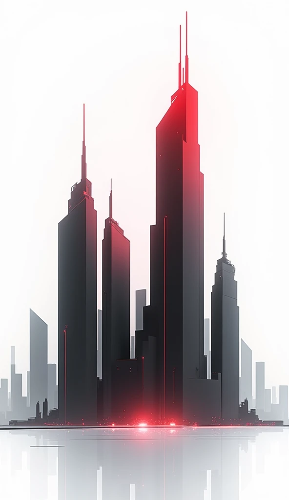 Minimalist city skyline wallpaper in red, black, and white colors. Black skyscrapers with red accents, on a white background. Clean, sharp lines with a futuristic, high-contrast feel.